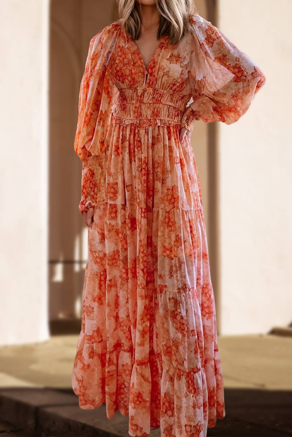 Boho Floral Print Deep V Neck Tiered Maxi Dress | S-XL